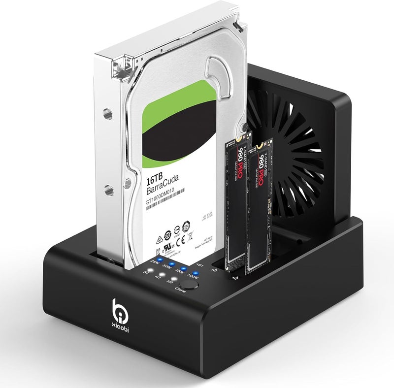 xiaobi M.2 NVMe & SATA Hard Drive Docking Station, USB C 10Gbps Hard Drive cloner for M.2 PCIe NVMe + SATA 2.5”/3.5” HDD Converter, Offline Cloning, Tool-Free, Cooling Fan - Image 1